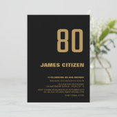 Black Gold Modern Minimalist 80th Birthday Party Kaart (Staand voorkant)