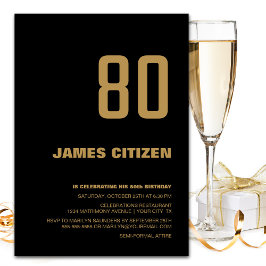 Black Gold Modern Minimalist 80th Birthday Party Kaart