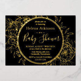 Black & Gold Modern Peony Toile Baby shower Folie Uitnodiging