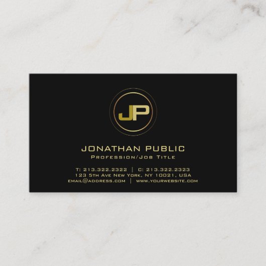 Black Gold Modern Professional Monogram Elegant Visitekaartje (Voorkant)