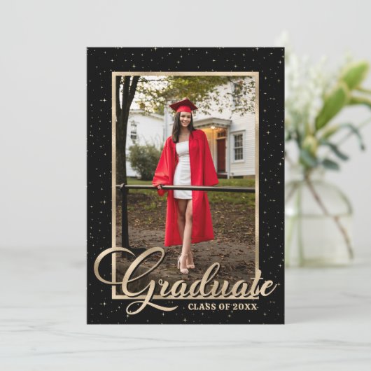 Black Gold Modern Script Photo Graduparty Kaart (Staand voorkant)