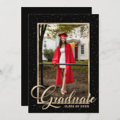 Black Gold Modern Script Photo Graduparty Kaart (Voorkant / Achterkant)