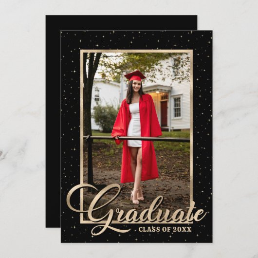 Black Gold Modern Script Photo Graduparty Kaart (Voorkant / Achterkant)