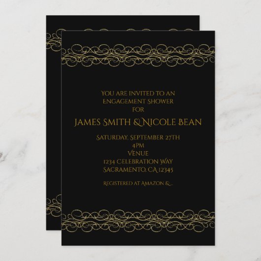 Black & Gold Modern Swirl Elegant Invitation Kaart (Voorkant / Achterkant)