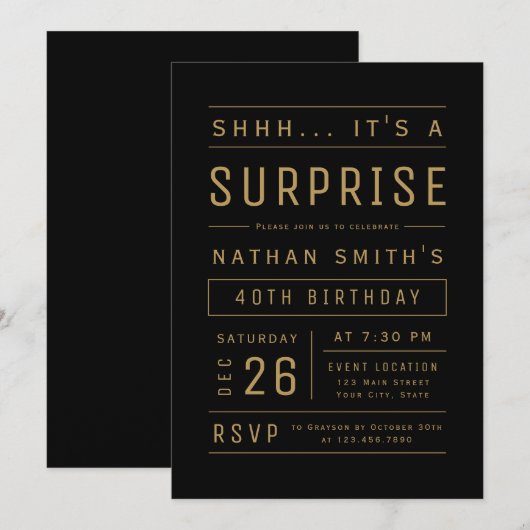 Black Gold Modern Typografie Surprise Birthday Kaart (Voorkant / Achterkant)