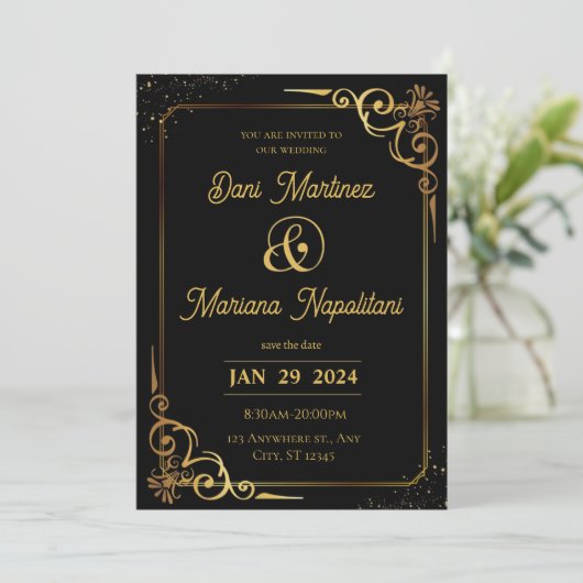 Black Gold Modern Wedding Uitnodiging (Staand voorkant)