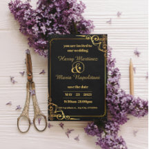 Black Gold Modern Wedding Uitnodiging