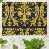 Black Gold Monogram Aangepaste naam Floral Damask Theedoek (Gevouwen)
