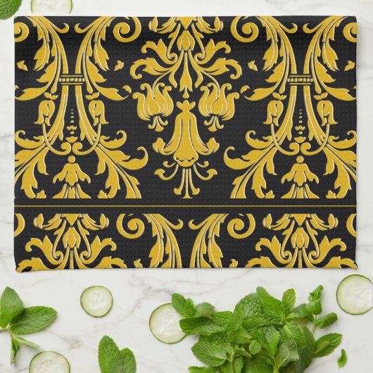 Black Gold Monogram Aangepaste naam Floral Damask Theedoek (Gevouwen)