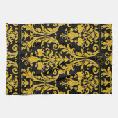 Black Gold Monogram Aangepaste naam Floral Damask Theedoek (Horizontaal)
