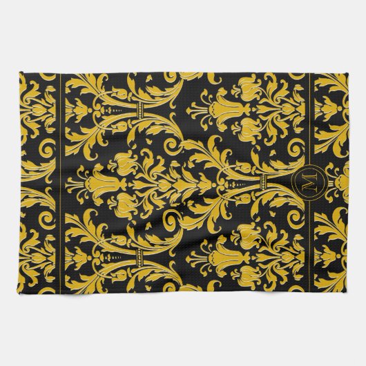 Black Gold Monogram Aangepaste naam Floral Damask Theedoek (Horizontaal)