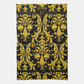 Black Gold Monogram Aangepaste naam Floral Damask Theedoek (Verticaal)