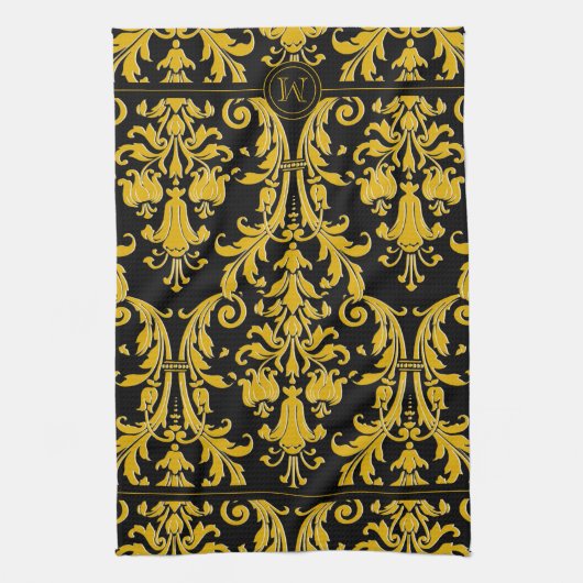 Black Gold Monogram Aangepaste naam Floral Damask Theedoek (Verticaal)