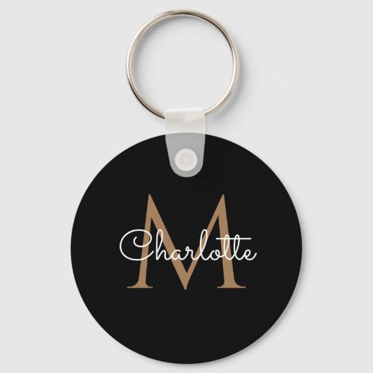 Black Gold Monogram Elegant Feminine Script Sleutelhanger (Voorkant)