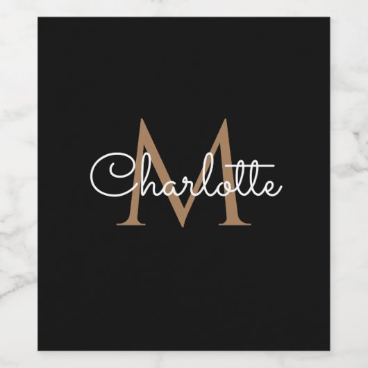 Black Gold Monogram Elegant Girly Script Wijn Etiket (Enkel label)