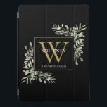 Black Gold Monogram Elegant Greenery iPad Pro Cover<br><div class="desc">Elegante waterverf groen laat monogram naam telefoon case met een gouden monogram initiaal op een chique zwarte achtergrond. Ontworpen door Thisnotme©</div>