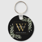 Black Gold Monogram Elegant Greenery Sleutelhanger (Voorkant)