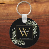 Black Gold Monogram Elegant Greenery Sleutelhanger (Voorkant)