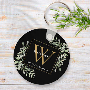 Black Gold Monogram Elegant Greenery Sleutelhanger