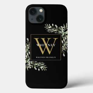 Black Gold Monogram Elegant Modern Greenery Case-Mate iPhone Case