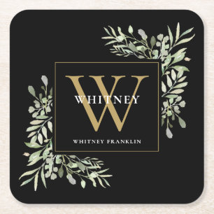 Black Gold Monogram Elegant Modern Greenery Kartonnen Onderzetters
