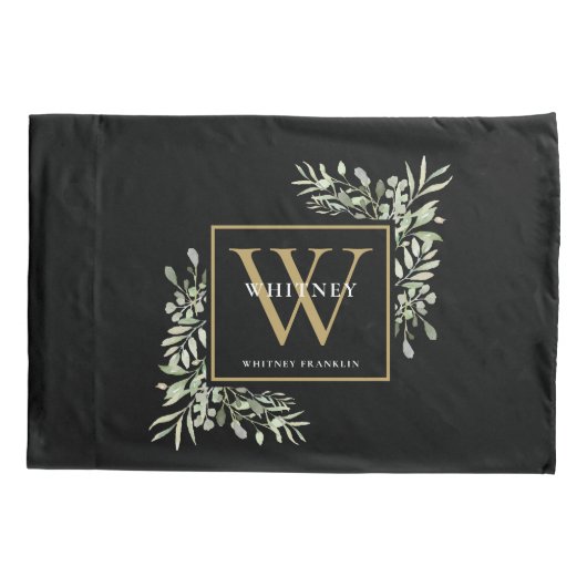 Black Gold Monogram Elegant Modern Greenery Kussensloop (Achterkant)
