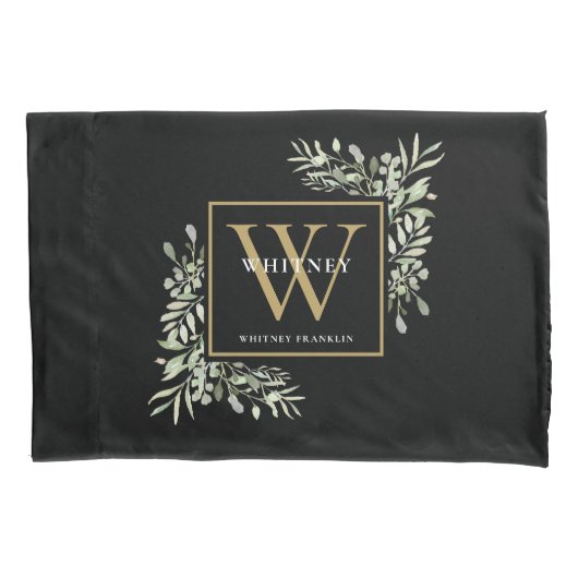 Black Gold Monogram Elegant Modern Greenery Kussensloop (Voorkant)