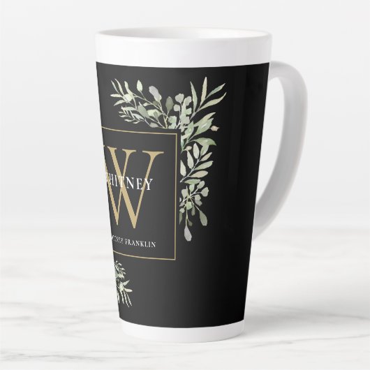 Black Gold Monogram Elegant Modern Greenery Latte Mok (Rechterhoek)