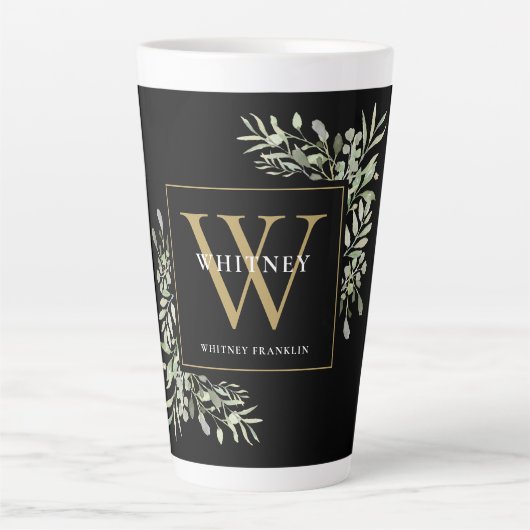 Black Gold Monogram Elegant Modern Greenery Latte Mok (Voorkant)