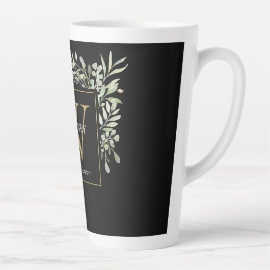 Black Gold Monogram Elegant Modern Greenery Latte Mok (Rechts)