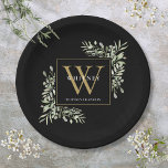 Black Gold Monogram Elegant Modern Greenery Papieren Bordje<br><div class="desc">Elegant waterverf groen blad monogram naam papier bord met een gouden monogram initiaal op een chique zwarte achtergrond. Ontworpen door Thisnotme©</div>