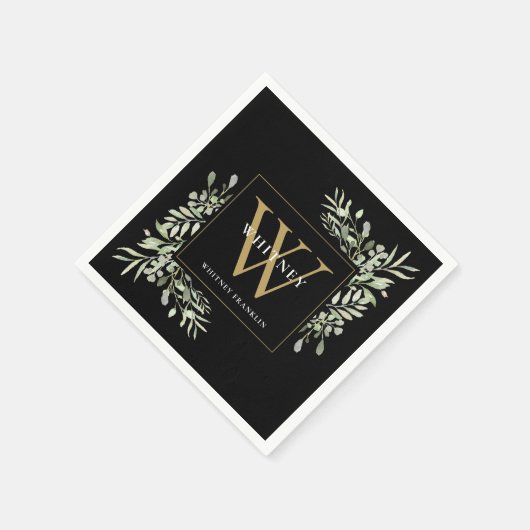 Black Gold Monogram Elegant Modern Greenery Servet (Hoek)