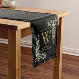 Black Gold Monogram Elegant Modern Greenery Short  Korte Tafelloper