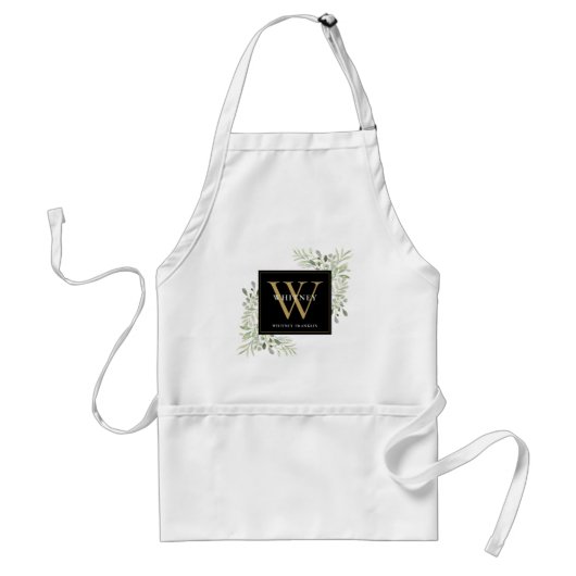 Black Gold Monogram Elegant Modern Greenery Standaard Schort (Voorkant)