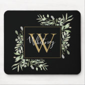 Black Gold Monogram Greenery Floral Muismat (Voorkant)