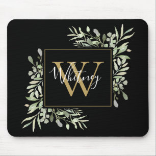 Black Gold Monogram Greenery Floral Muismat
