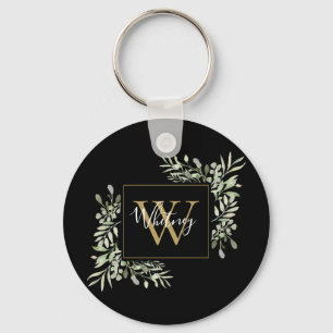 Black Gold Monogram Greenery Floral Sleutelhanger