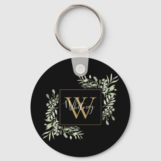 Black Gold Monogram Greenery Floral Sleutelhanger (Voorkant)