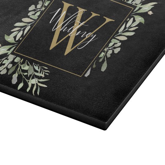 Black Gold Monogram Greenery Floral Snijplank (Hoek)