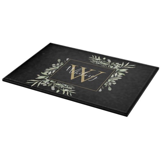 Black Gold Monogram Greenery Floral Snijplank (Hoek)