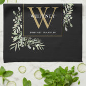 Black Gold Monogram Greenery Waterverf Leaves Kit Theedoek (Gevouwen)