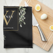 Black Gold Monogram Greenery Waterverf Leaves Kit Theedoek (Quarter Fold)