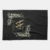 Black Gold Monogram Greenery Waterverf Leaves Kit Theedoek (Horizontaal)