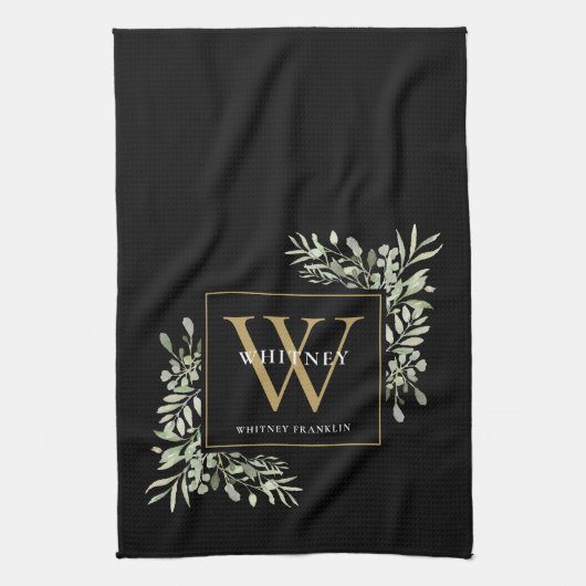 Black Gold Monogram Greenery Waterverf Leaves Kit Theedoek (Verticaal)