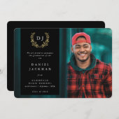 Black/Gold Monogram Laurel WreatAfstuderen Foto Aankondiging (Voorkant / Achterkant)