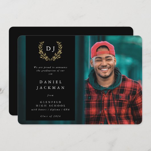 Black/Gold Monogram Laurel WreatAfstuderen Foto Aankondiging (Voorkant / Achterkant)