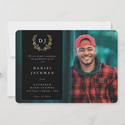 Black/Gold Monogram Laurel WreatAfstuderen Foto Aankondiging (Voorkant)