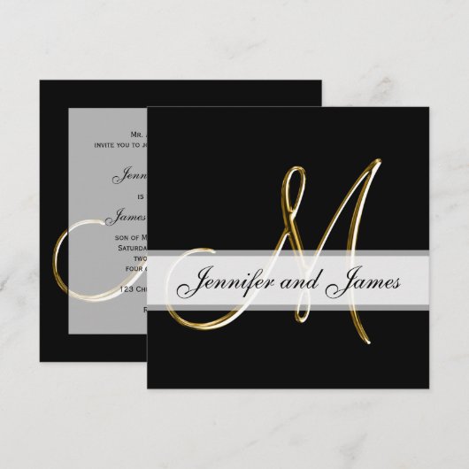 Black Gold Monogram M Wedding Invitation Kaart (Voorkant / Achterkant)