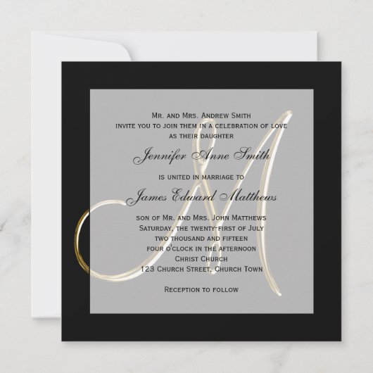 Black Gold Monogram M Wedding Invitation Kaart (Achterkant)