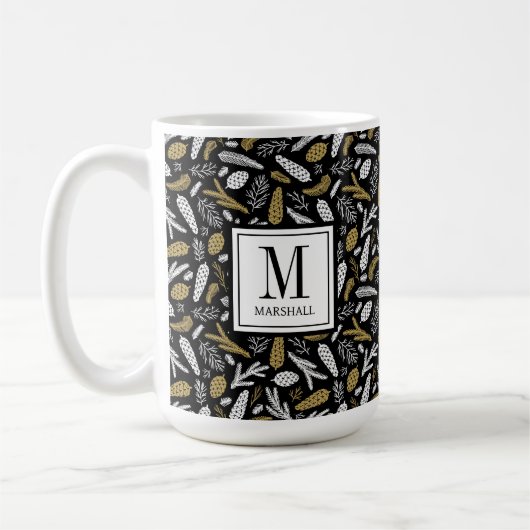 Black Gold Monogram Name Christmas Holiday Koffiemok (Links)
